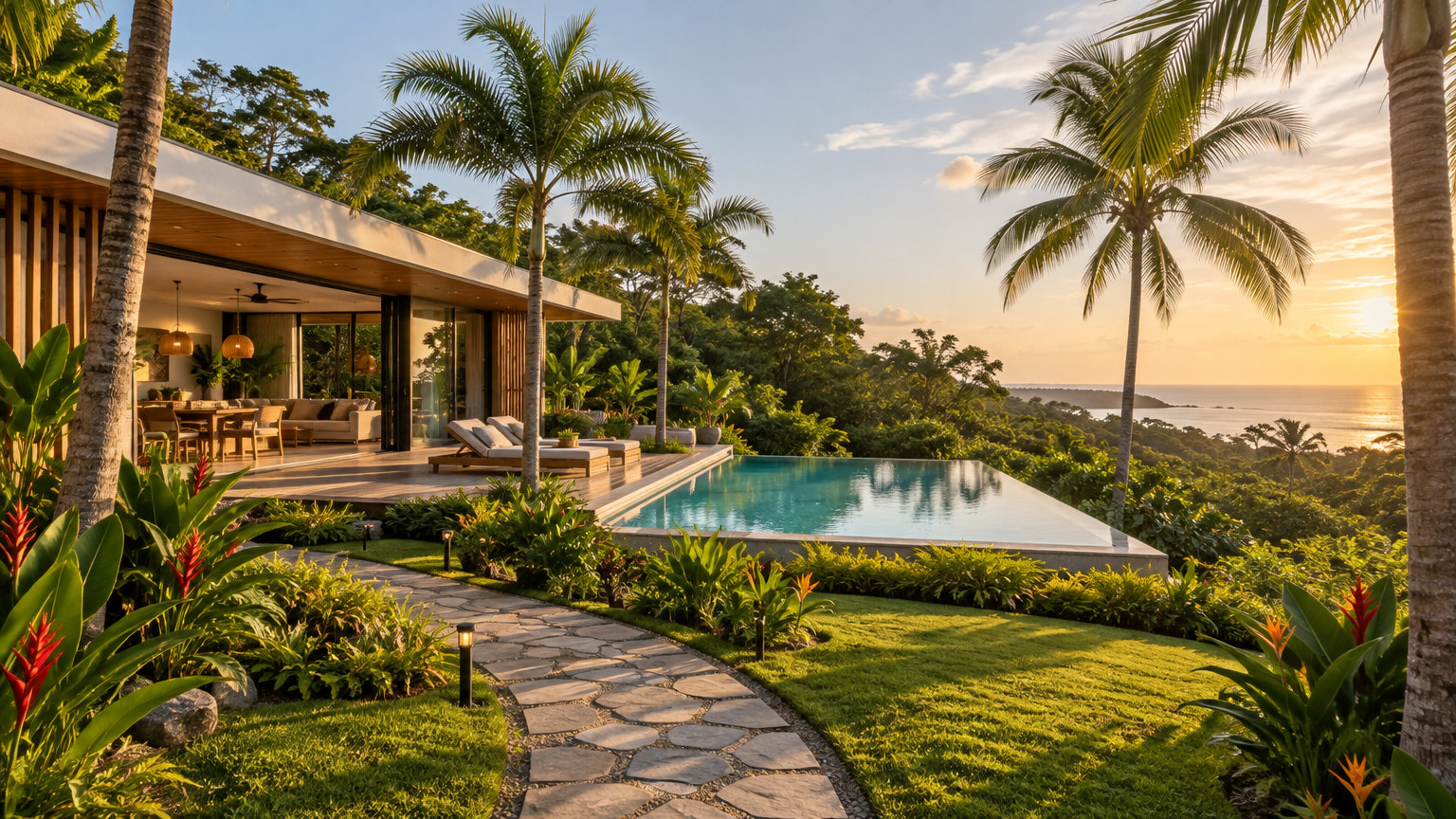 Modern tropical villa with a manicured garden and infinity pool at sunset in Santa Teresa, Costa Rica
